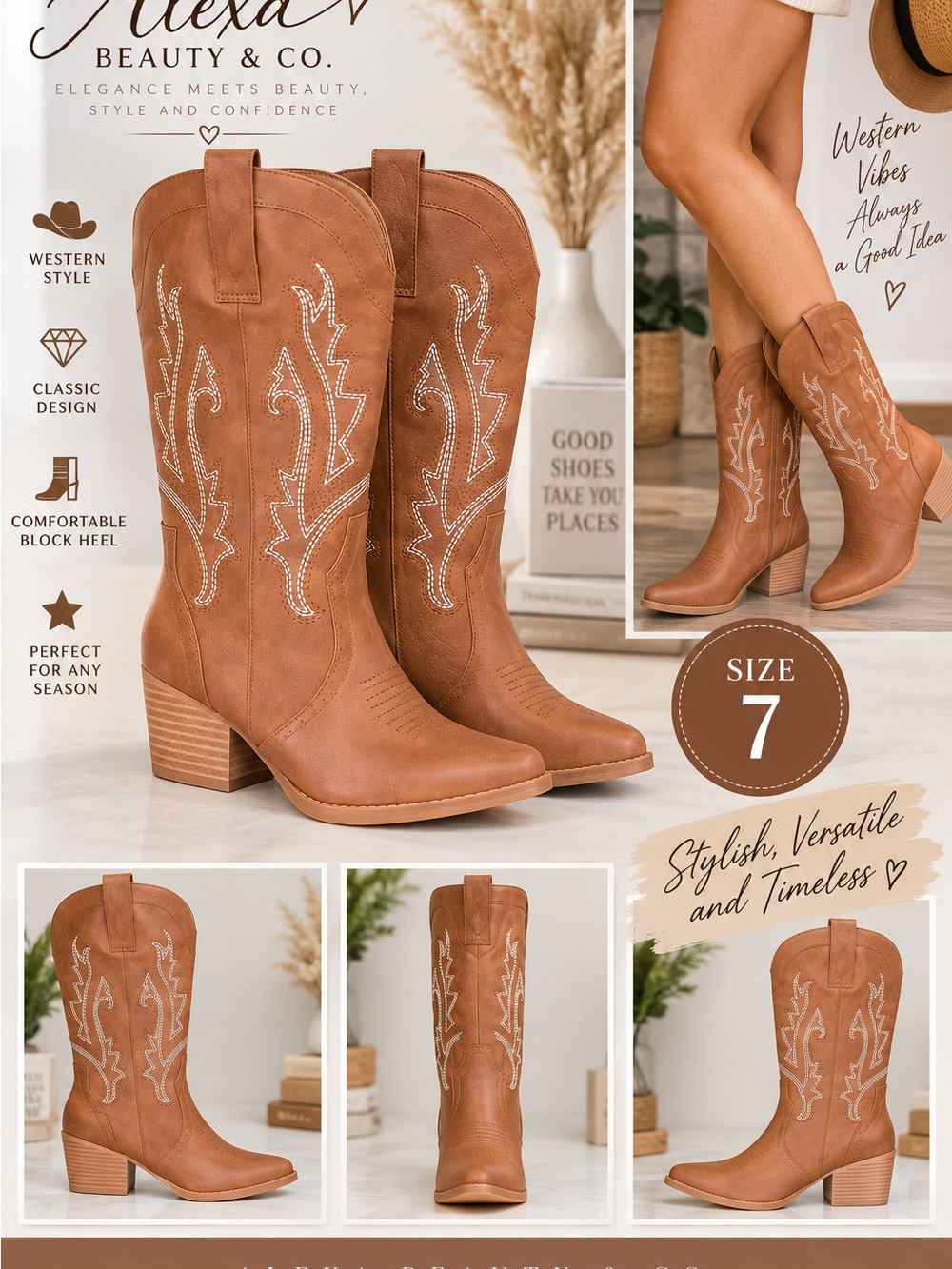 Tan Western Embroidered Mid-Calf Boots - Size 7